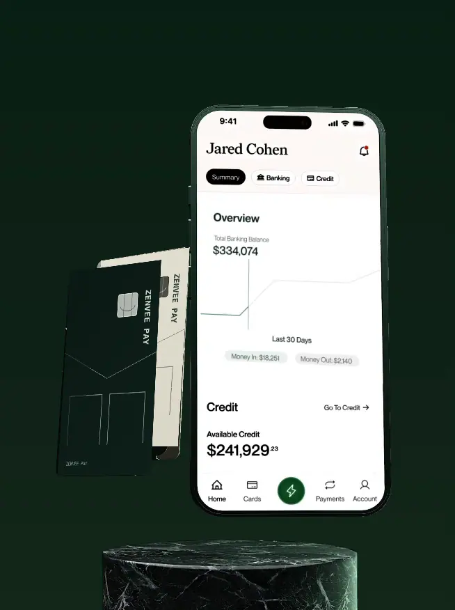 ZENVEE PAY phone and cards floating above a marble pedestal