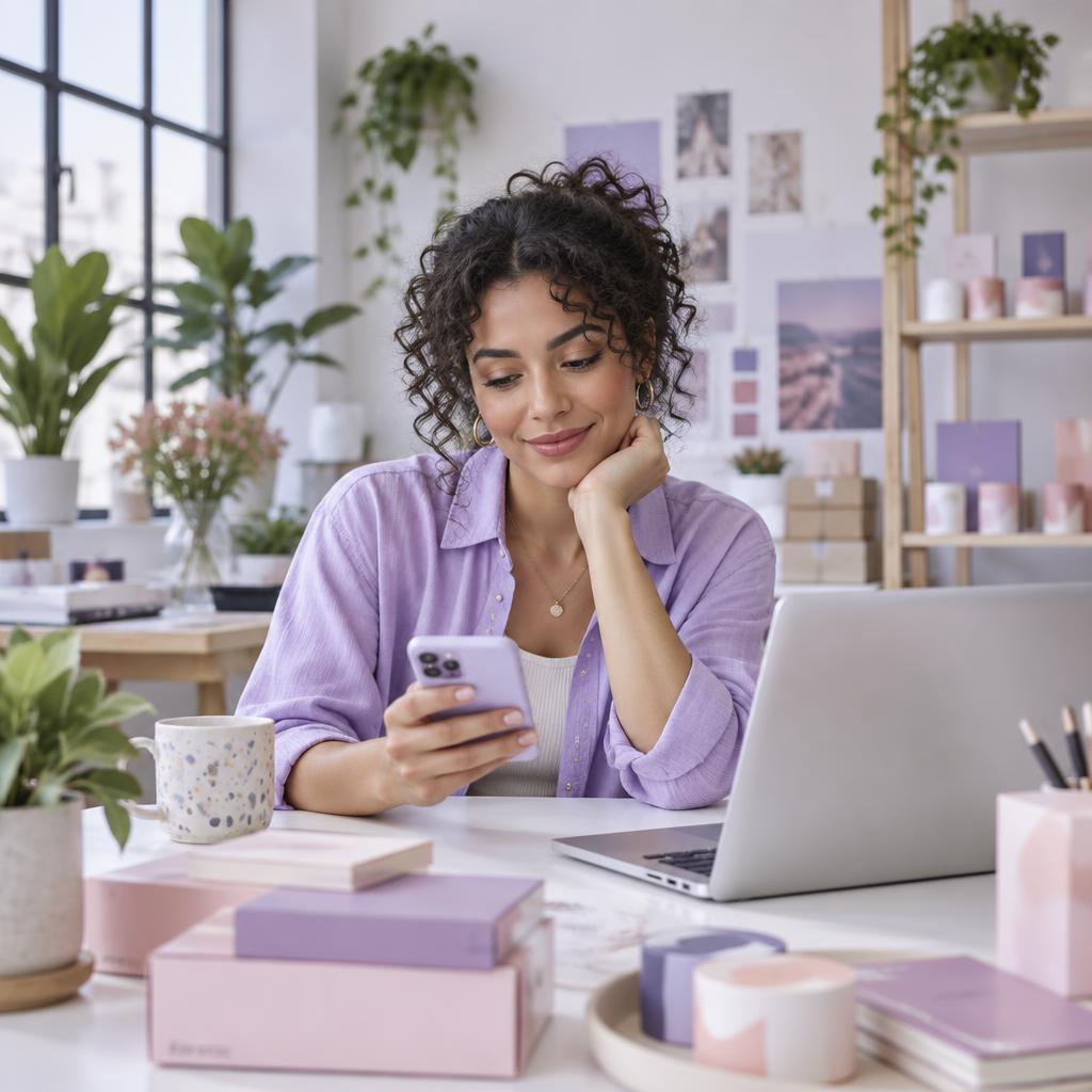 Small-business owner checking her phone beside a laptop in a bright studio