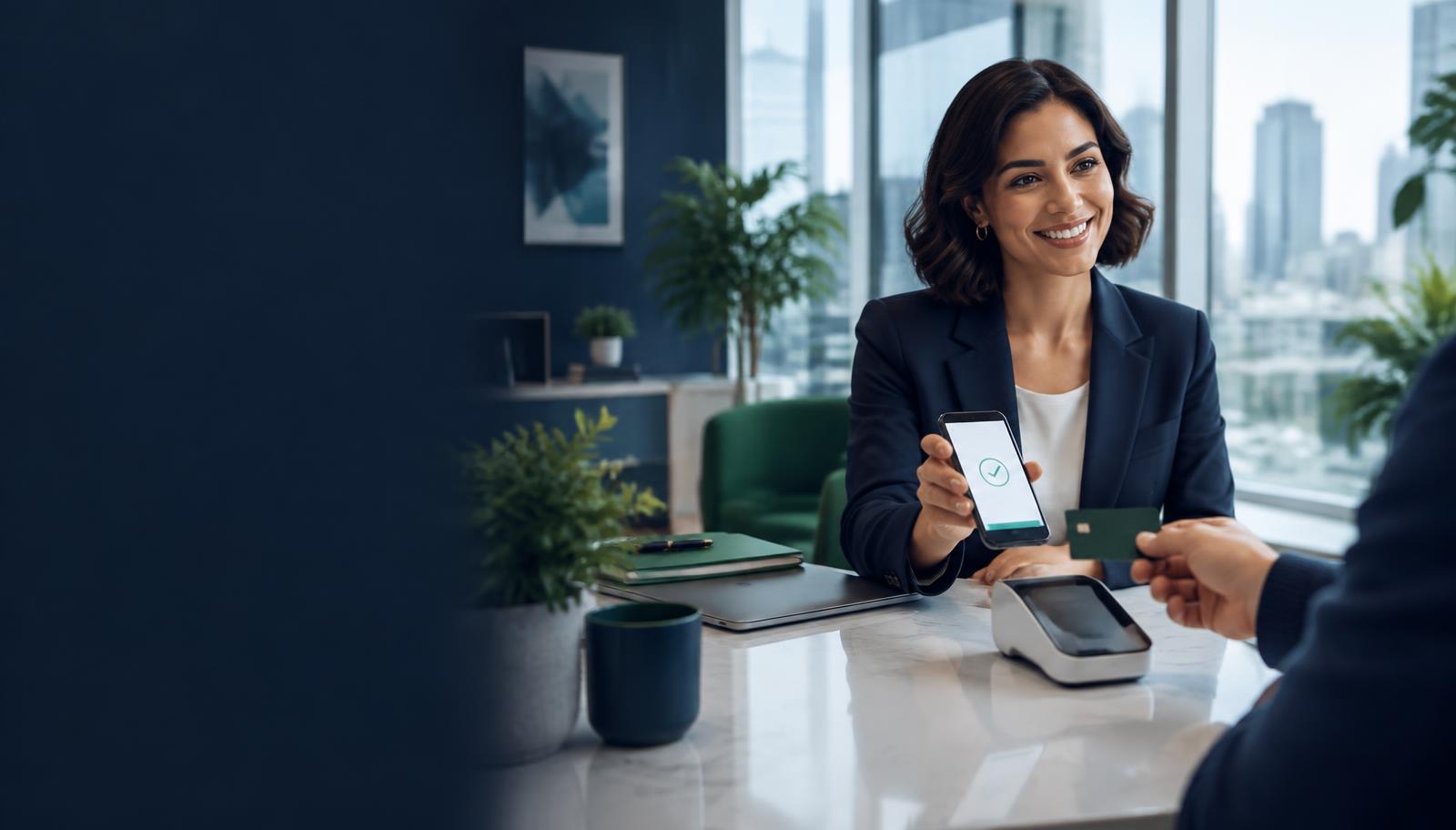 Business owner presenting a card payment at a modern office