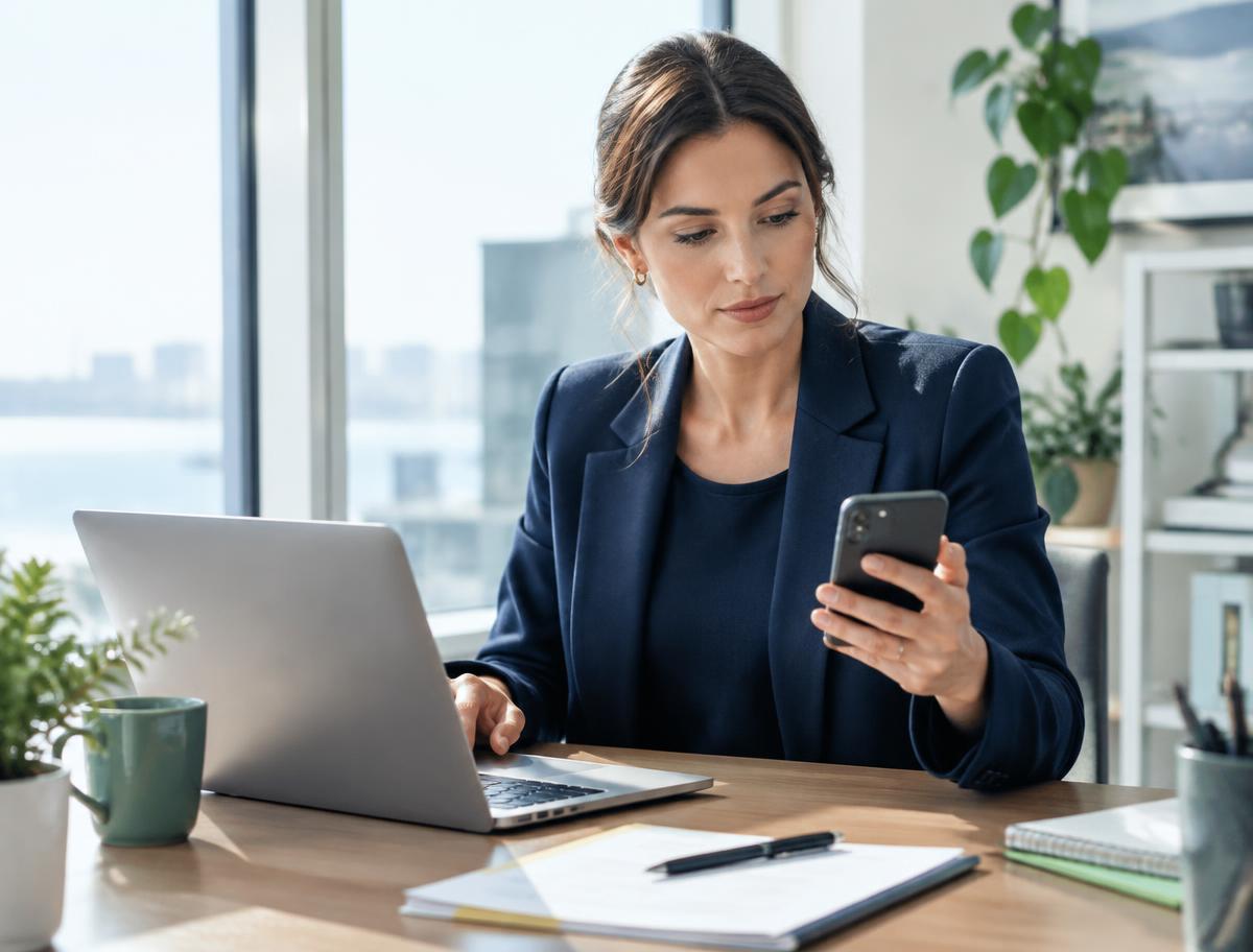 Business owner reviewing a payment on a phone beside a laptop