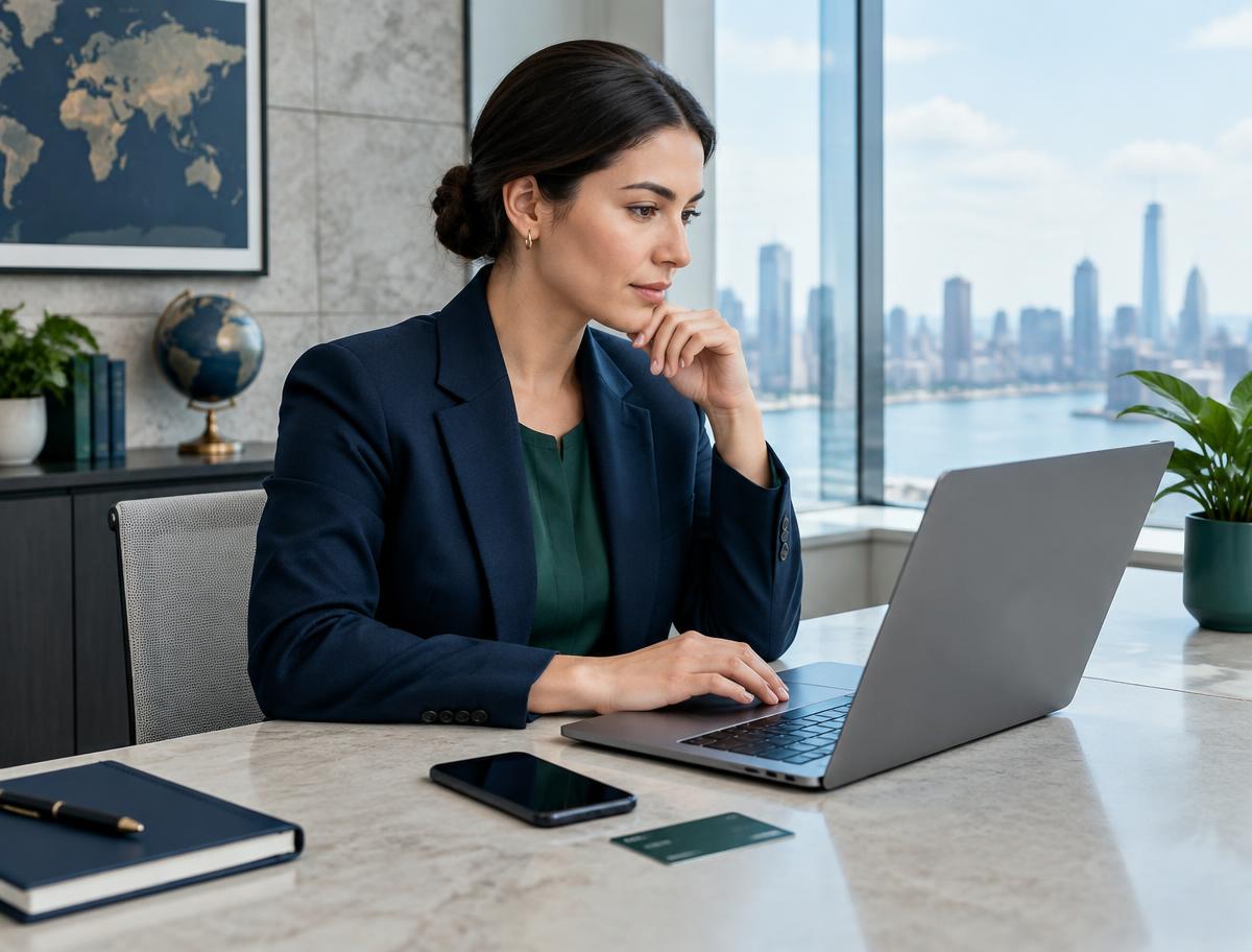 Finance professional reviewing account activity at a desk